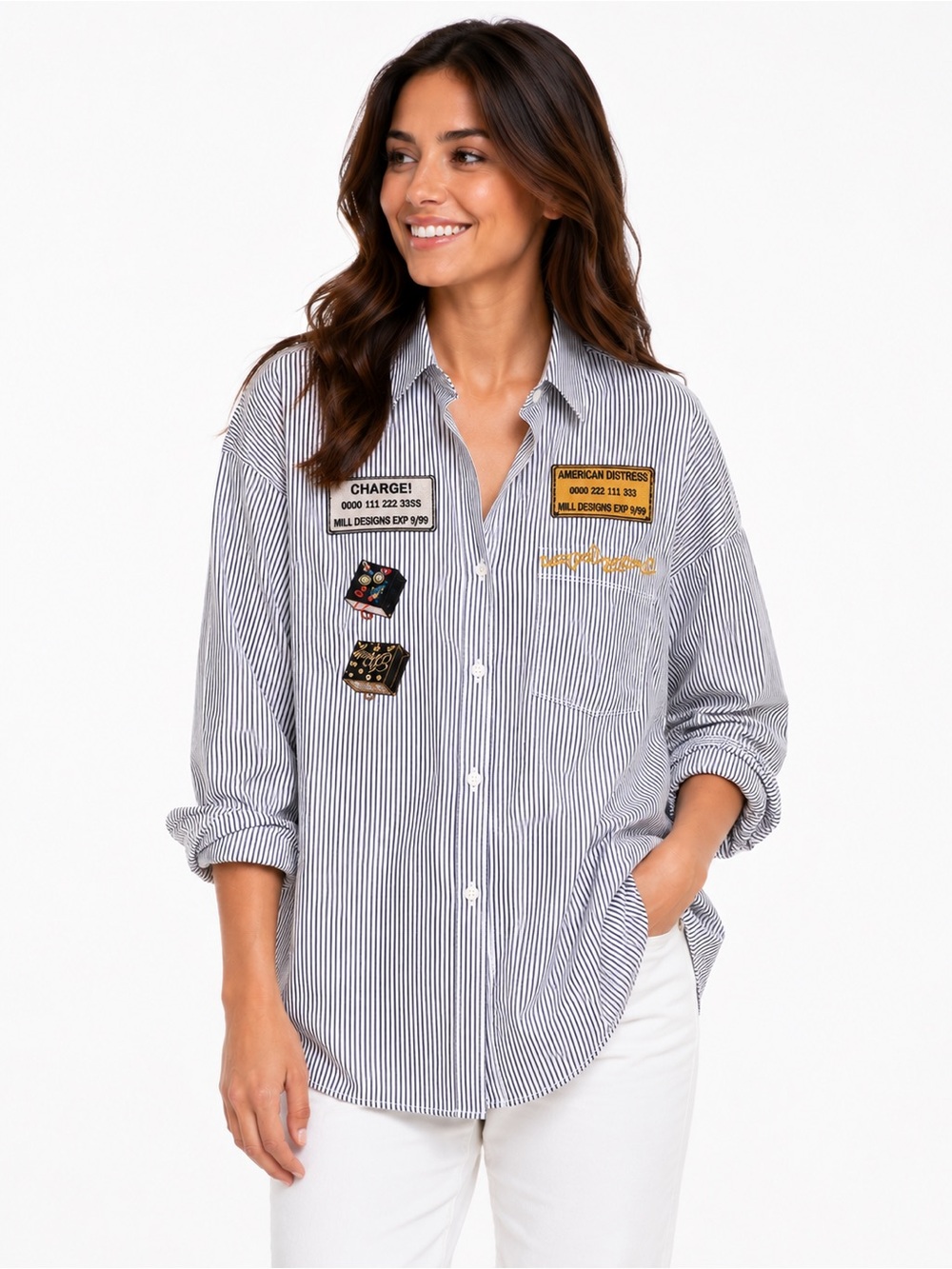 Mili Designs Size Large Striped Button-Up Shirt Embroidered Patches Black White